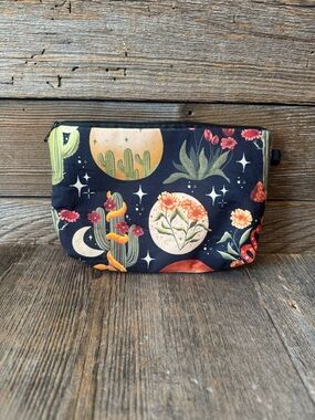 Celestial Desert Floral Zip Pouch - Black with Green, Orange & Pink Accents